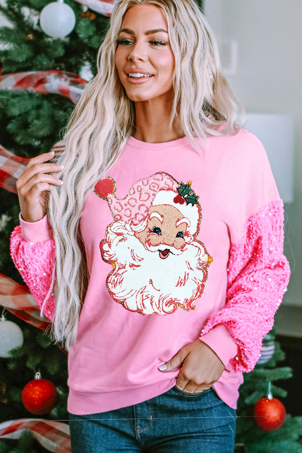 Santa Christmas Graphic Sequin Sleeve To