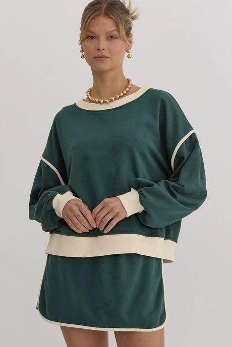 Contrast Loose Pullover Top + Lace-Up Waist Skort Set