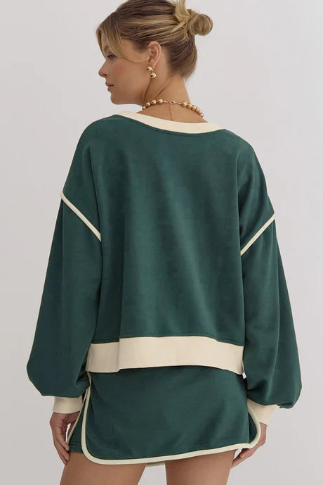 Contrast Loose Pullover Top + Lace-Up Waist Skort Set