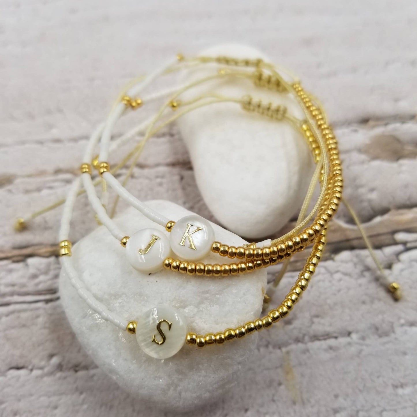 Natural Shell Initial Gold Seed Bracelet