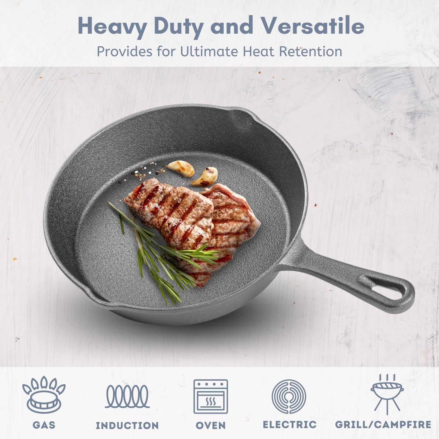 3 Piece Pre Seasoned Cast Iron Frying Pan Set- 6, 8, 10 Inch