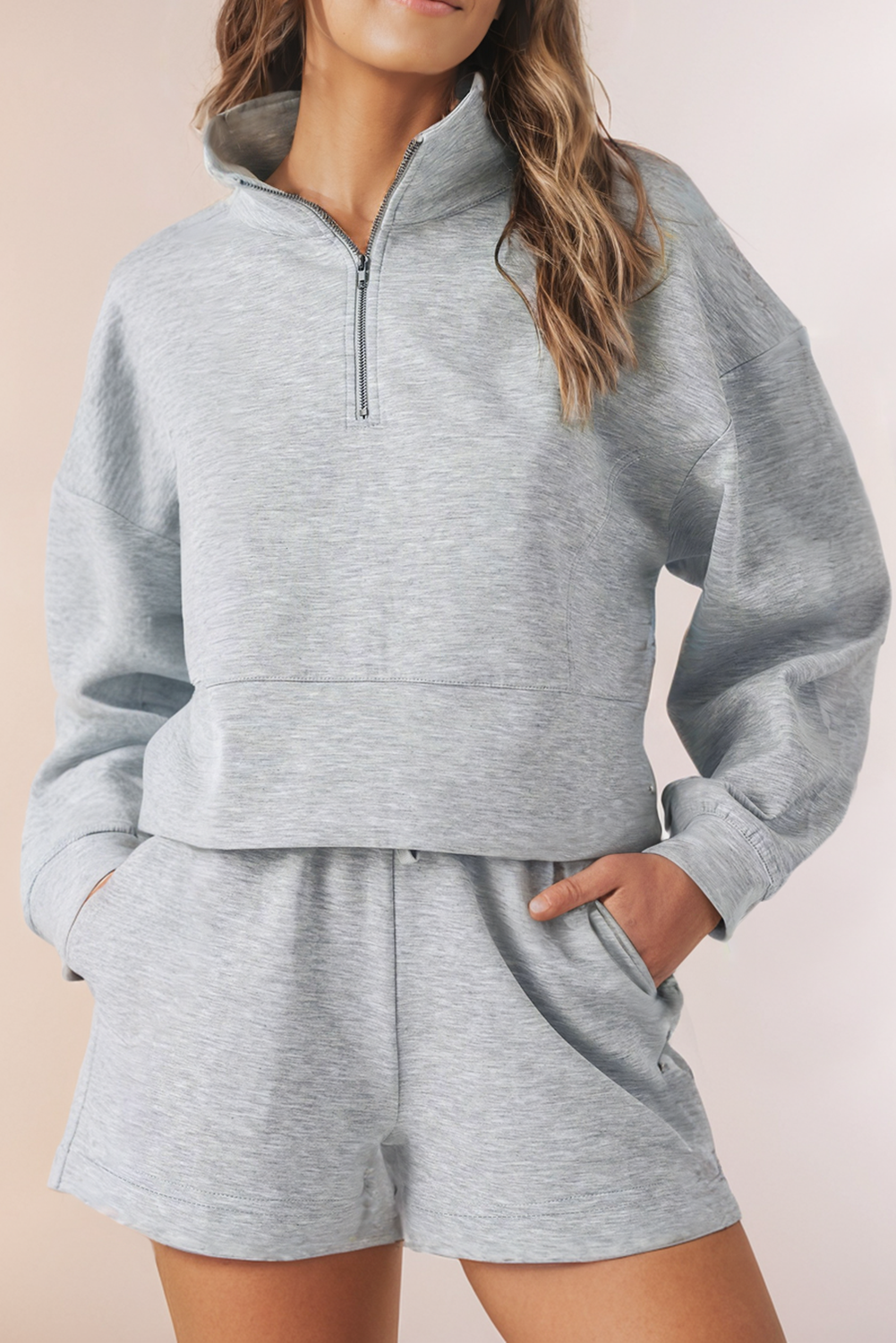 Womens Half Zip Long Sleeve Sweatshirt and Shorts Lounge Set