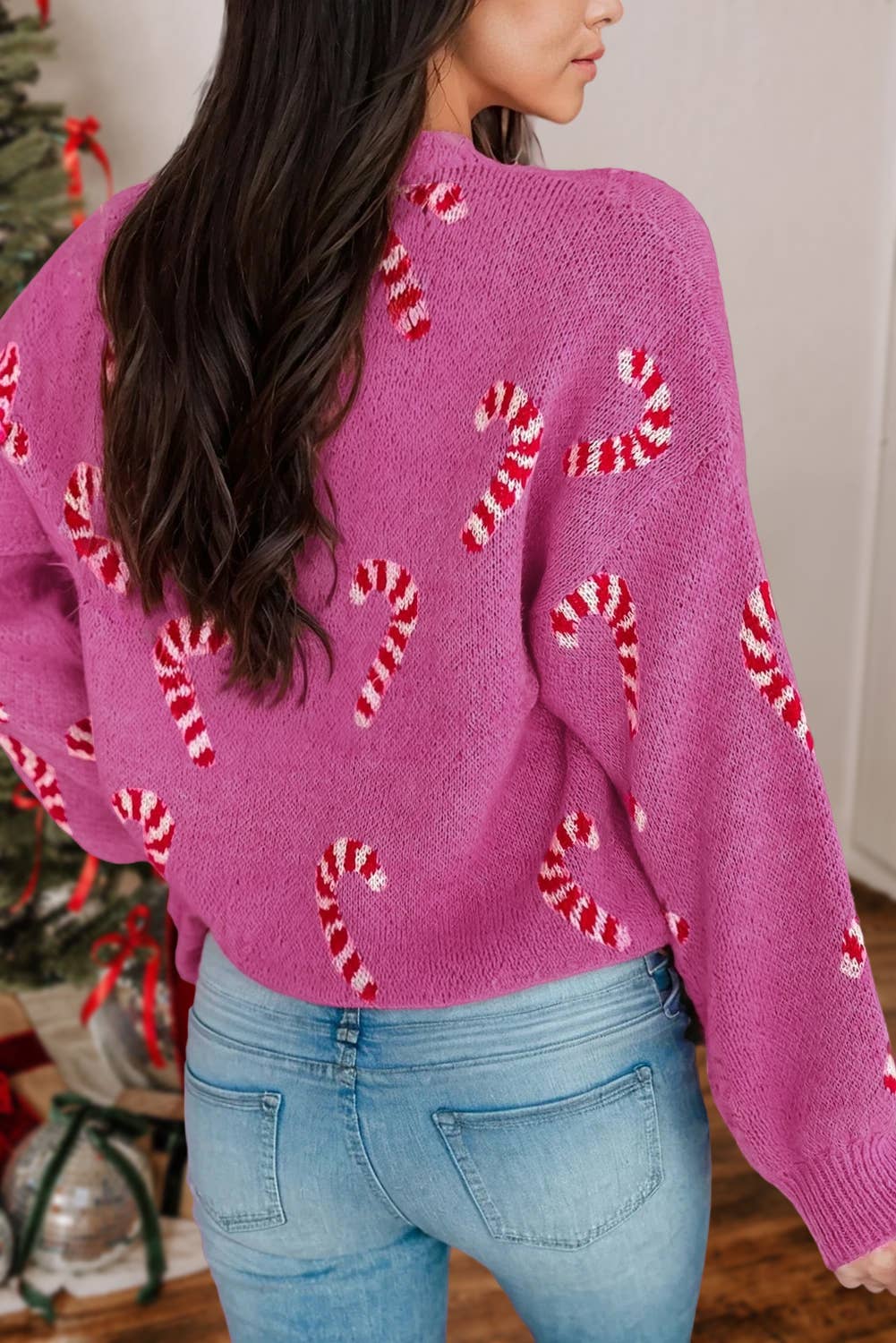 Christmas Candy Cane Drop Shoulder Sweater | S-XL