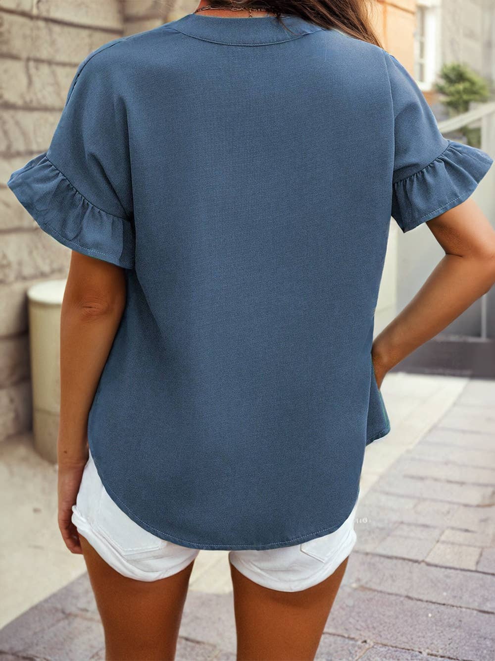 Solid Color Ruffle Ruched Short Sleeve Buttoned Shirt