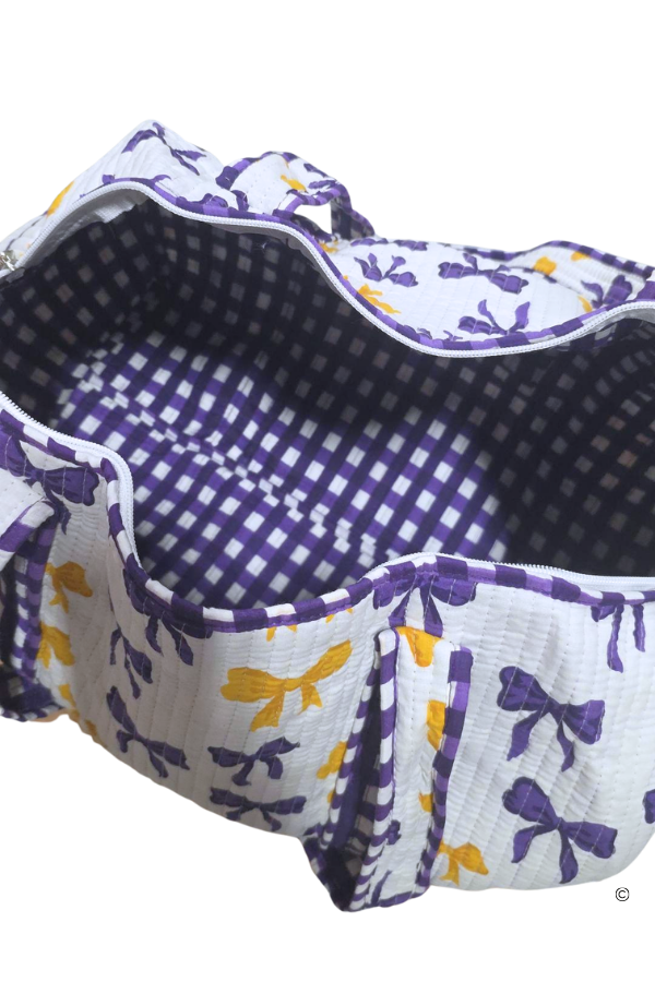 Sideline Social Purple and Yellow Bow Duffel Bag