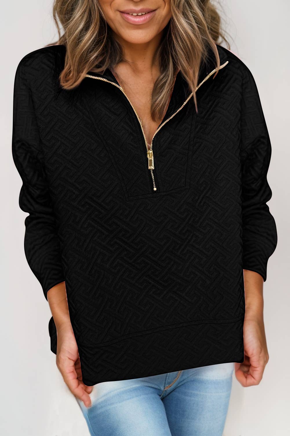 Textured `Collared Zipper Front Sweatshirt