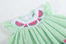 Load image into Gallery viewer, Seersucker Watermelon Smocked Bishop Dress
