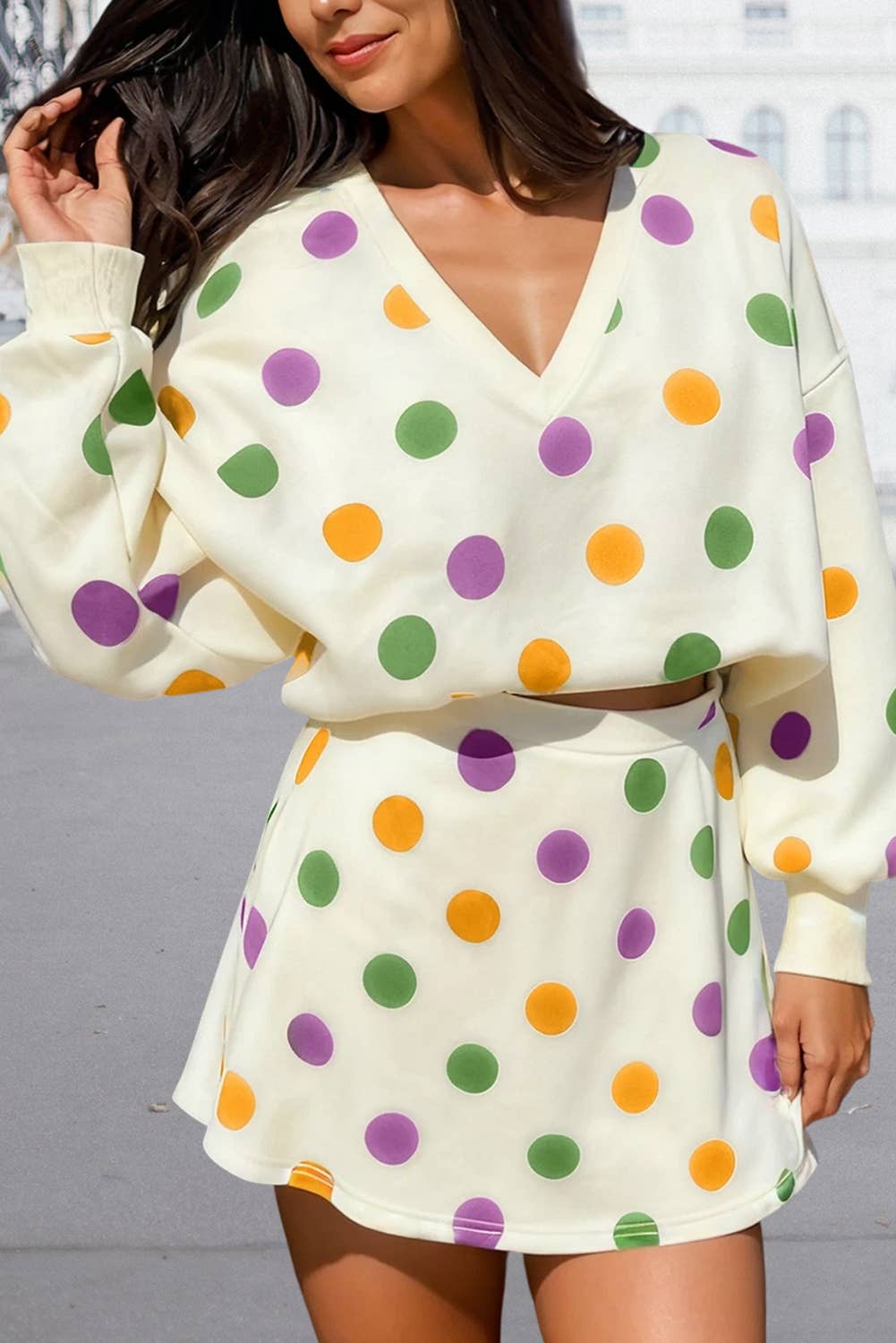 Mardi Gras Polka Dot V Neck Top & Skirt Set