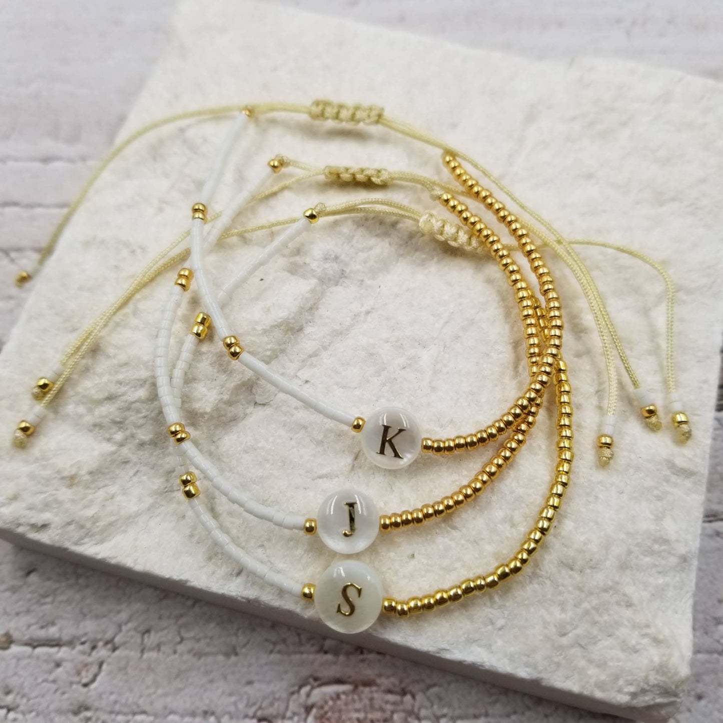 Natural Shell Initial Gold Seed Bracelet