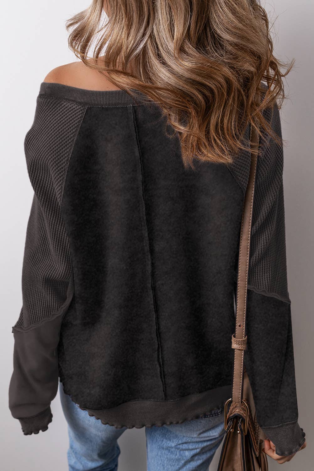 Waffle Knit Patchwork Long Sleeve Sweatshirt