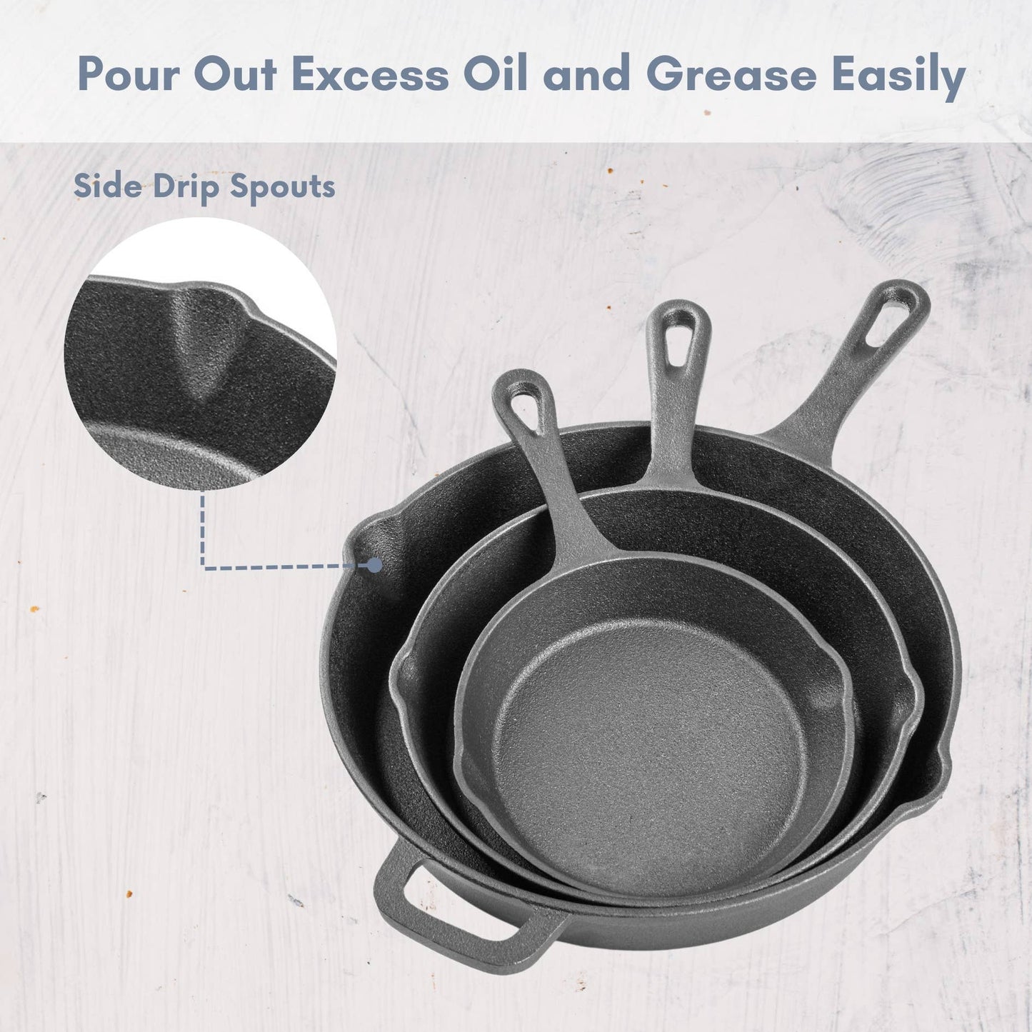 3 Piece Pre Seasoned Cast Iron Frying Pan Set- 6, 8, 10 Inch