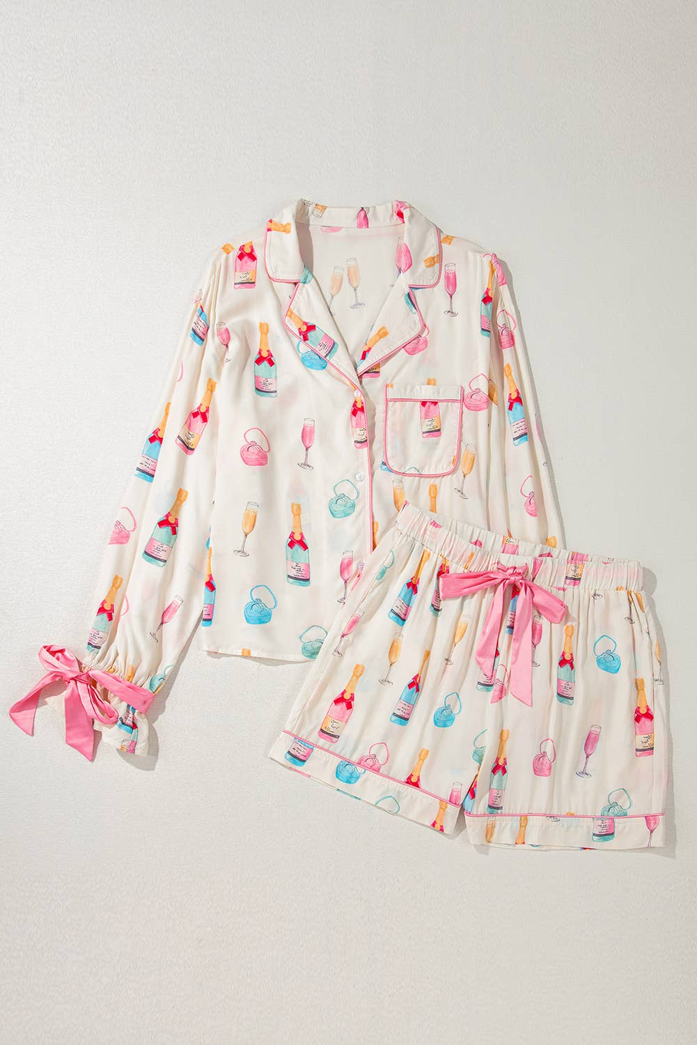 Wine Glass Print Bow Knot Two Piece Pajama Set