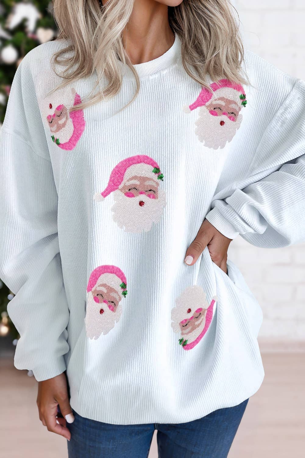 Sequin Santa Claus Christmas Graphic Sweatshirt | XS-L