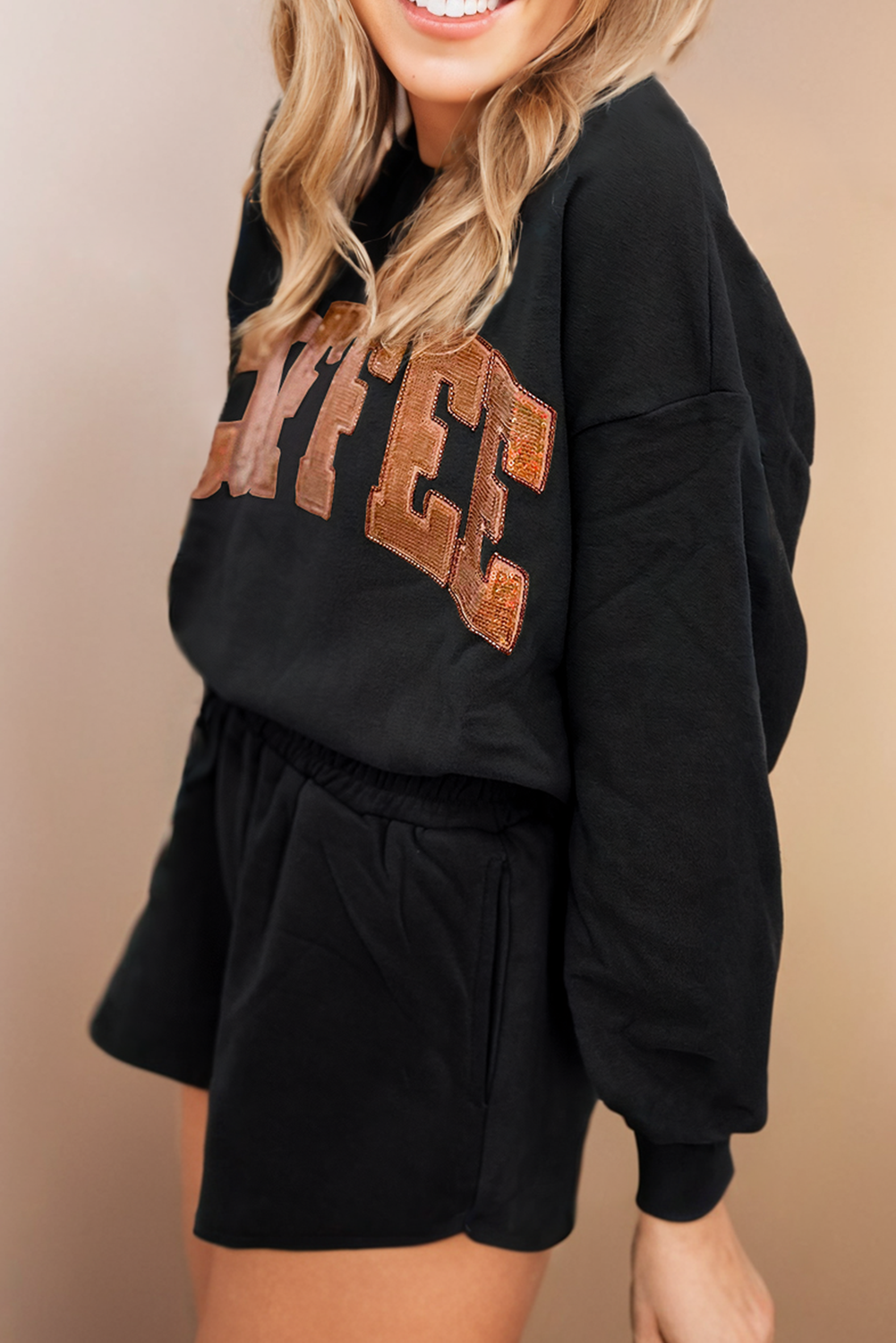 Sequined COFFEE Print Loose Fit Sweatshirt and Shorts Set
