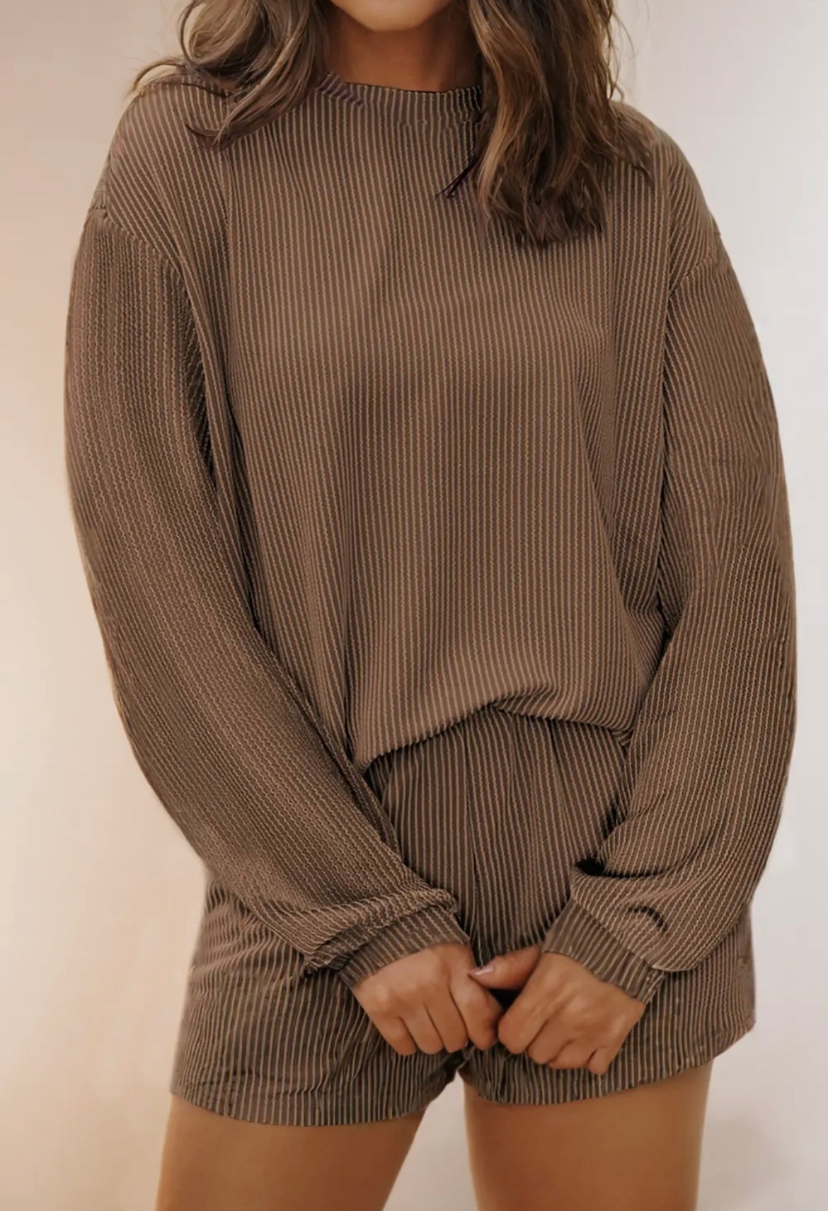 Ribbed Knit Long Sleeve Top & Short Set