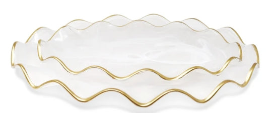 White Alabaster Oval Tray With Gold Ruffled Border (2 Sizes)