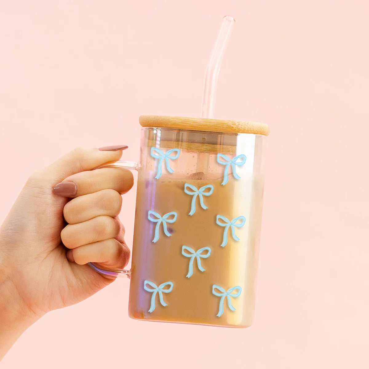 Square Glass Cup With Blue Bows