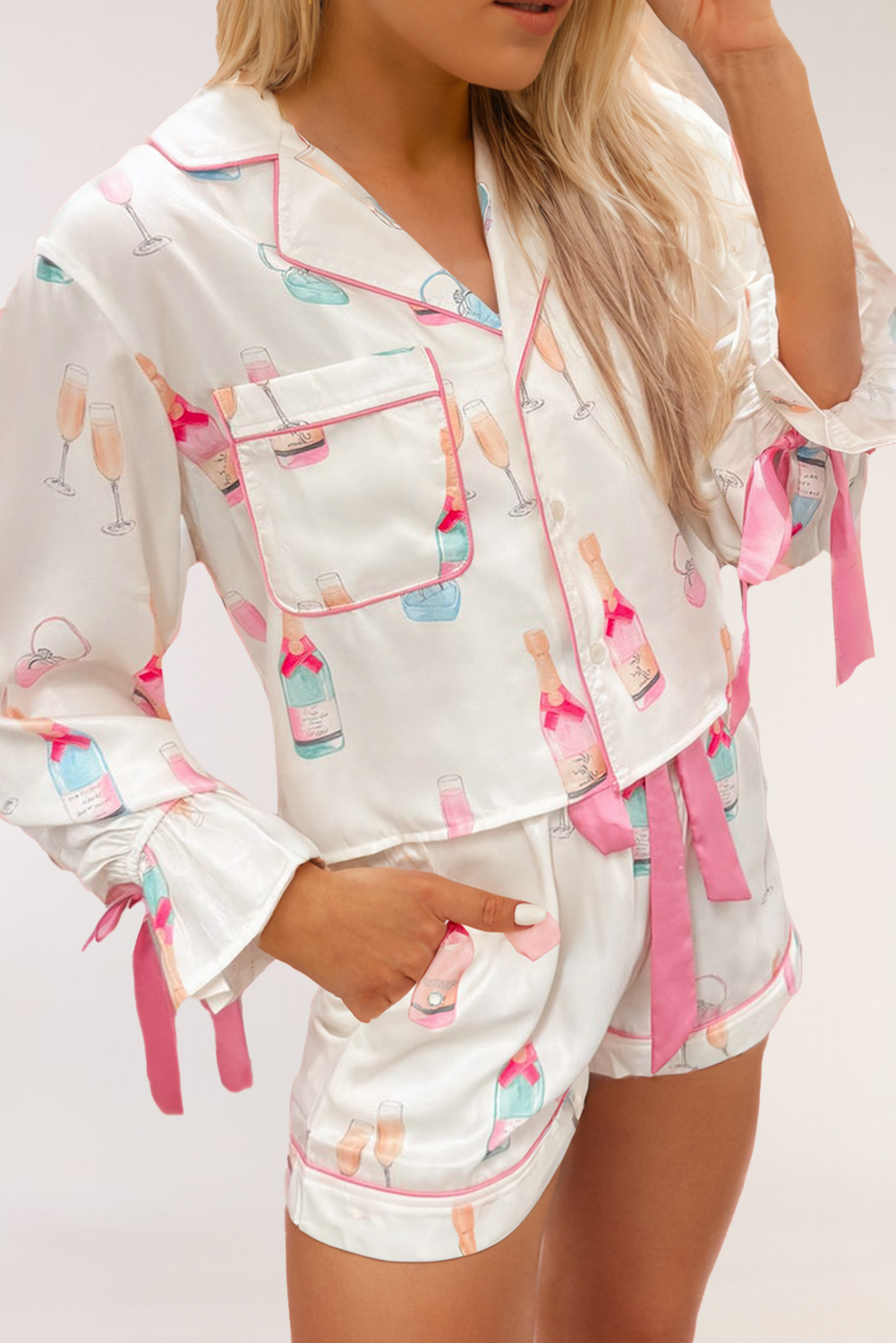 Wine Glass Print Bow Knot Two Piece Pajama Set