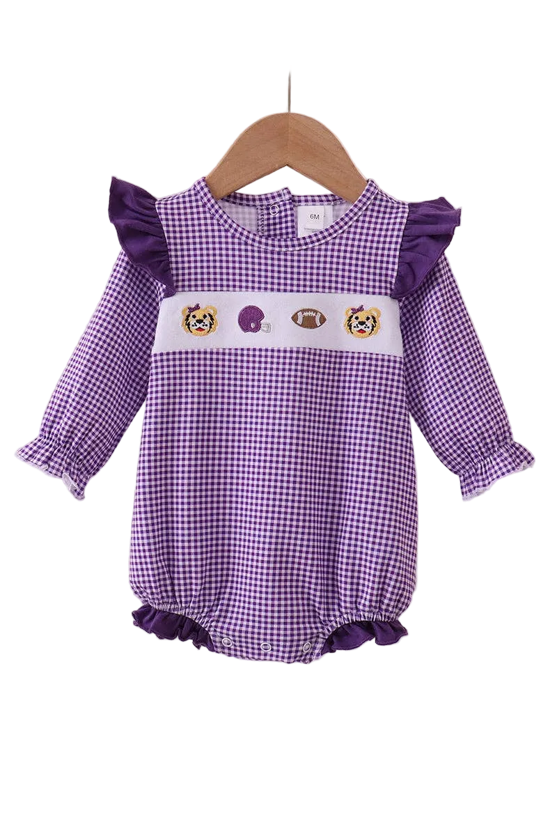 Premium Purple LSU tiger embroidery gingham ruffle bubble