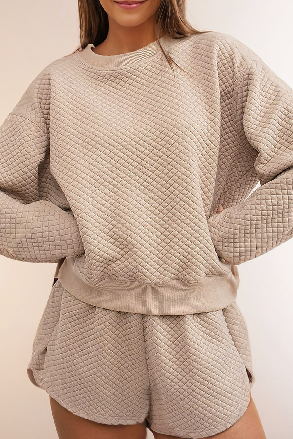 Quilted Long Sleeve Pullover and Shorts 2 Piece Set