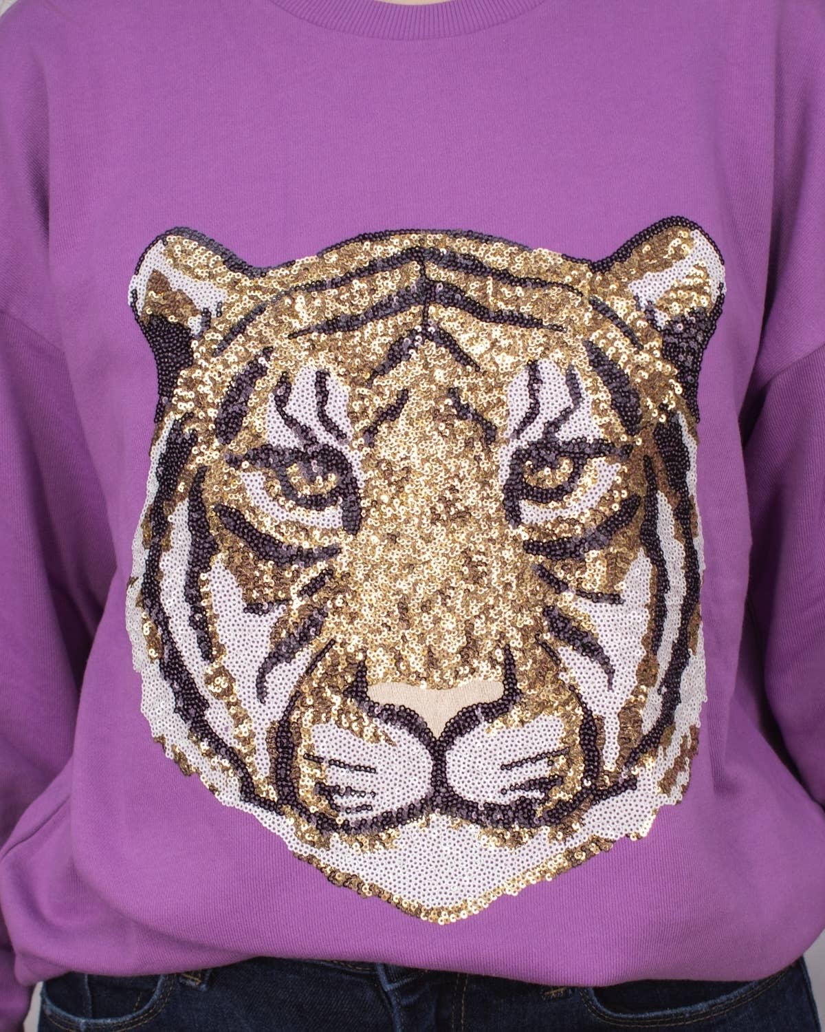 Tiger Face Sequin Sweatshirt Light Purple/Gold -Asst.