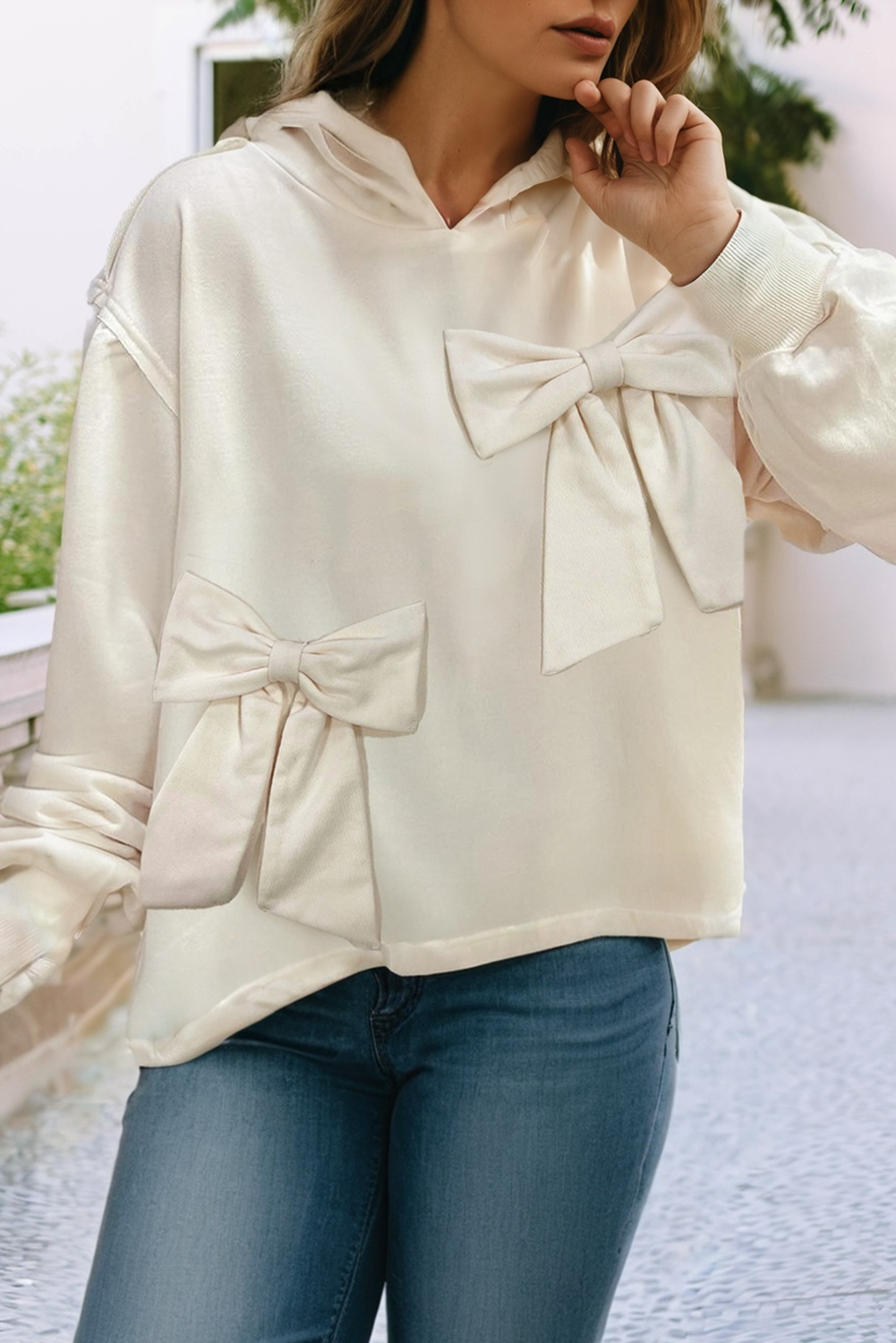 Solid Color Cute Bow Applique Loose Hoodie