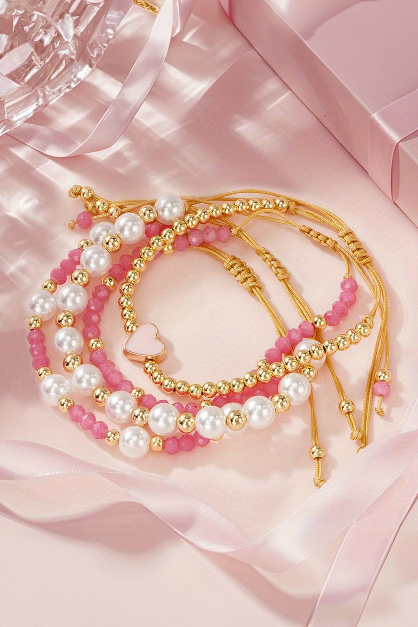 Valentines Golden Beads Adjustable 4pcs Bracelet Set