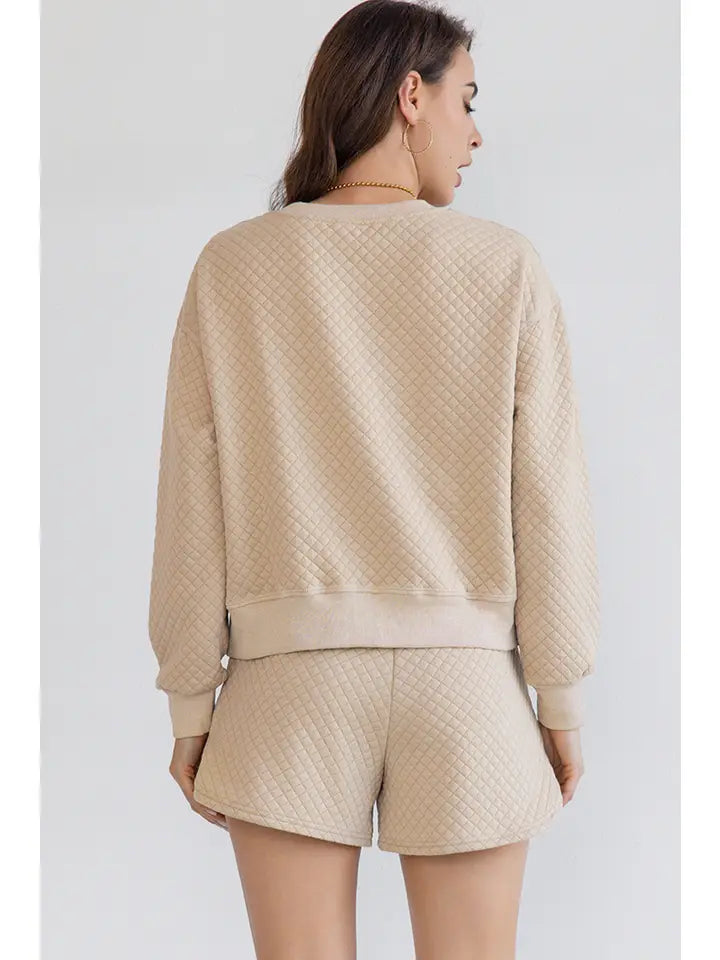 Quilted Long Sleeve Pullover and Shorts 2 Piece Set