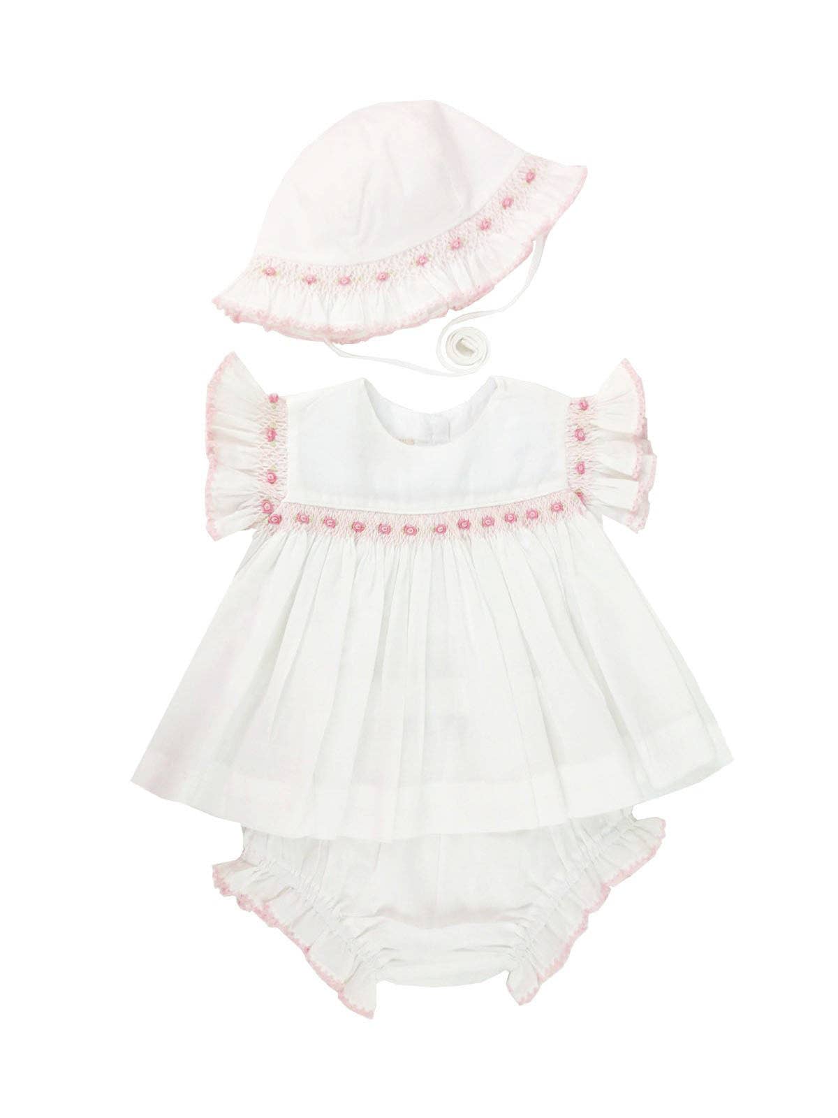 White Batiste with Pink Hand Smocked Dress set