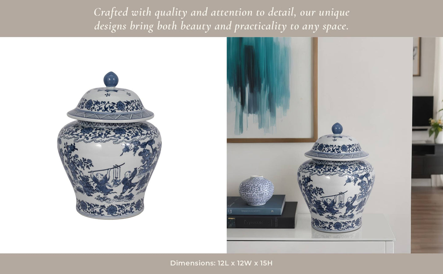Decorative Jar - Blue Ceramic Blossoms Temple, 15 in.