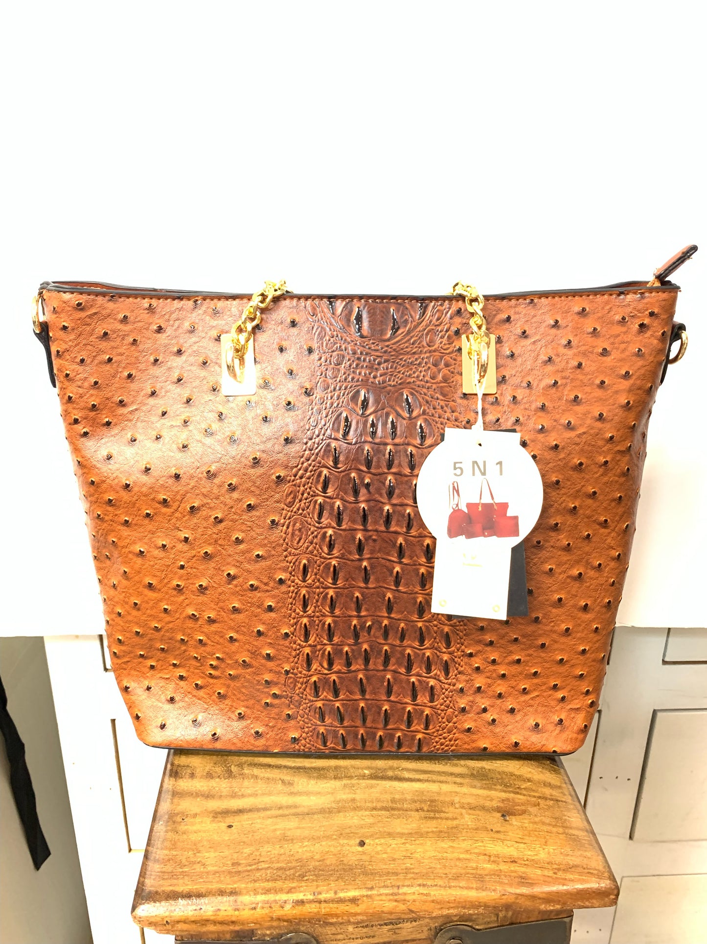 LG. 5 IN 1 OSTRICH LOOK BROWN VEGAN PURSE