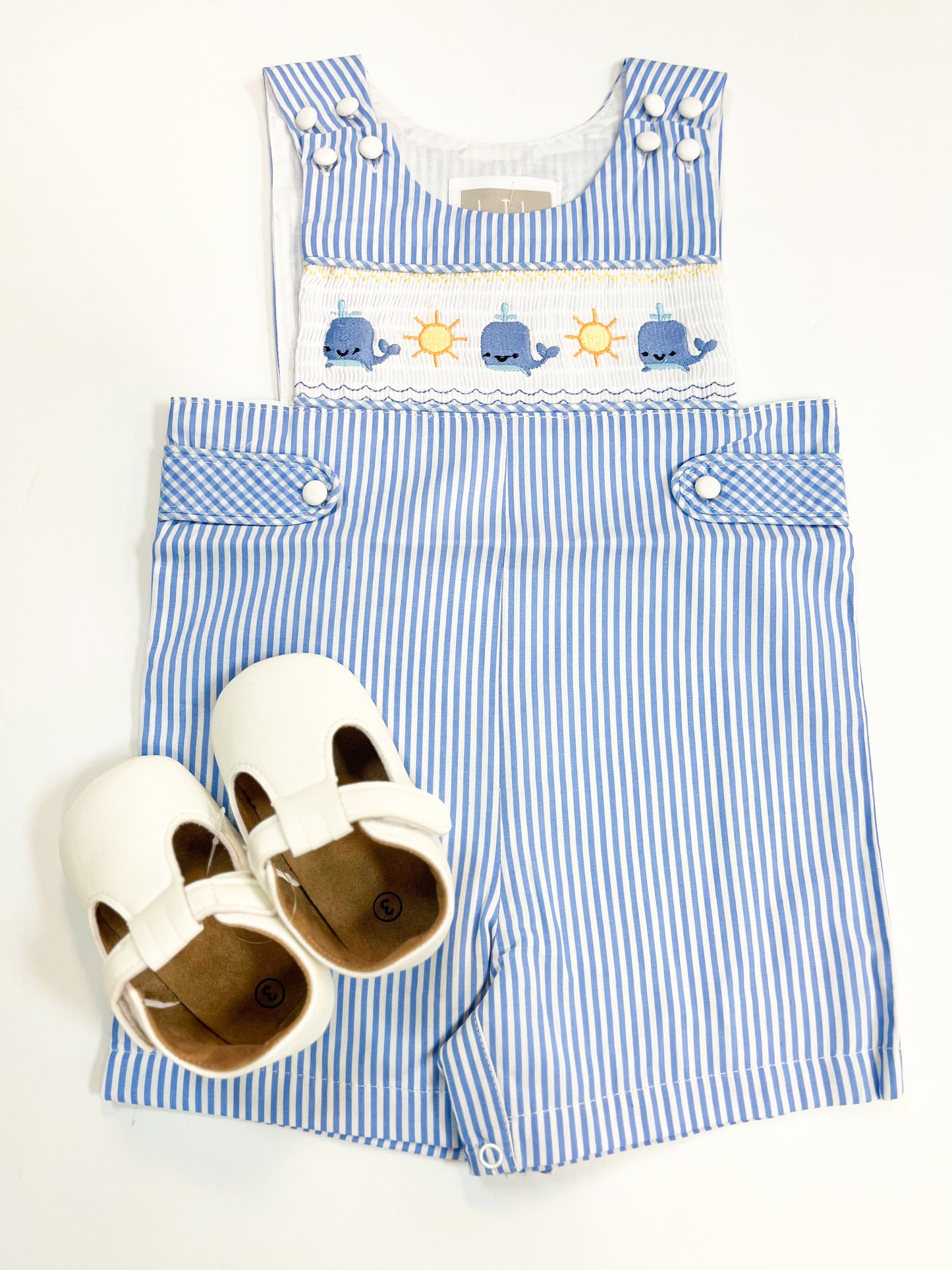 Blue Striped Whale Smocked Jon Jon’s