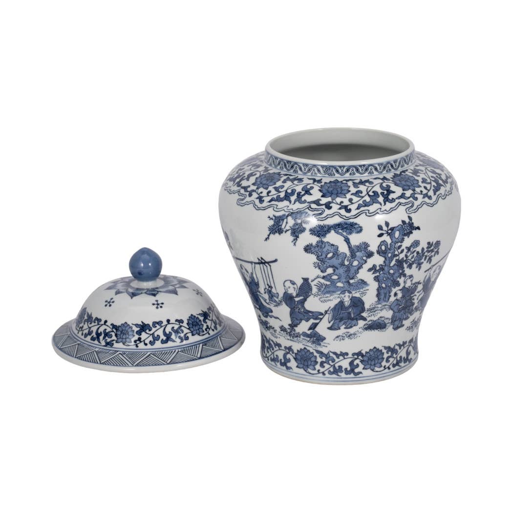 Decorative Jar - Blue Ceramic Blossoms Temple, 15 in.