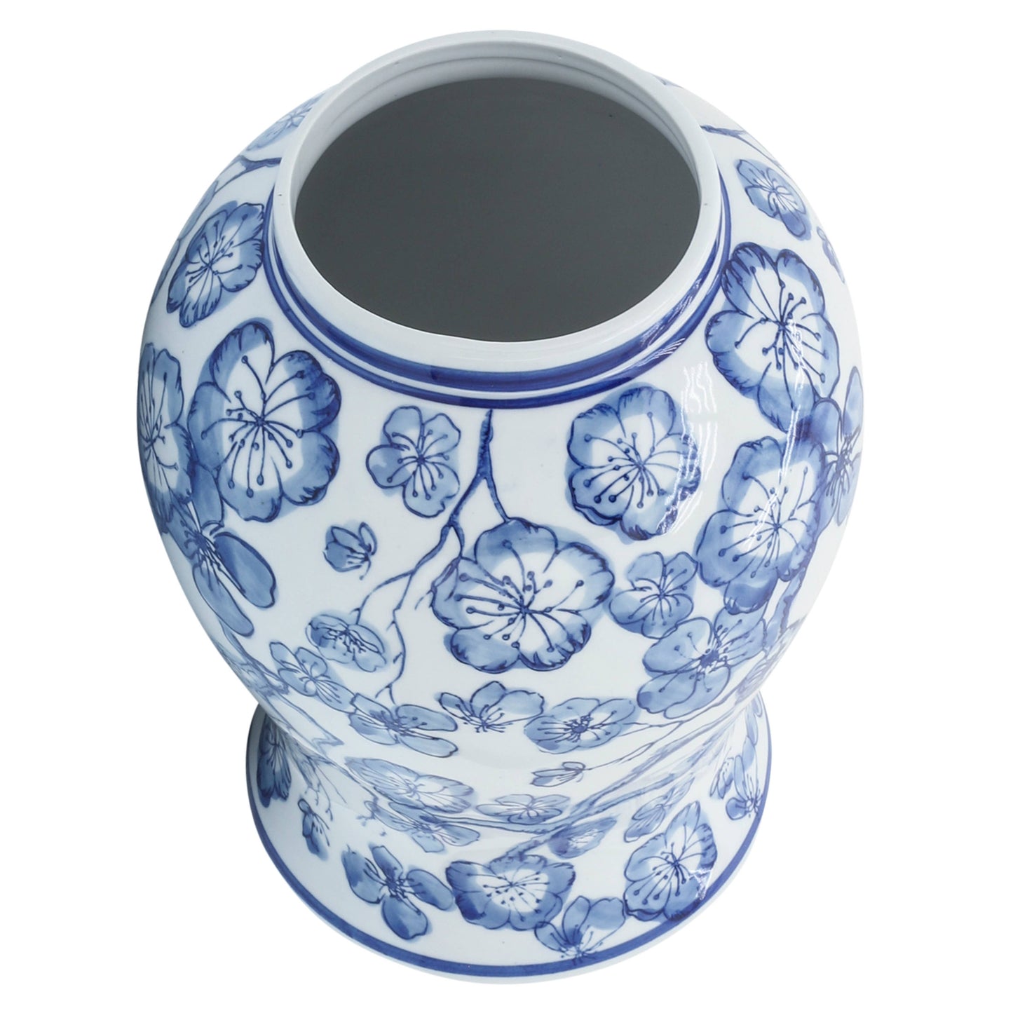 Decorative  Jar - Blue/White Ceramic Hibiscus Lidded, 15 in.