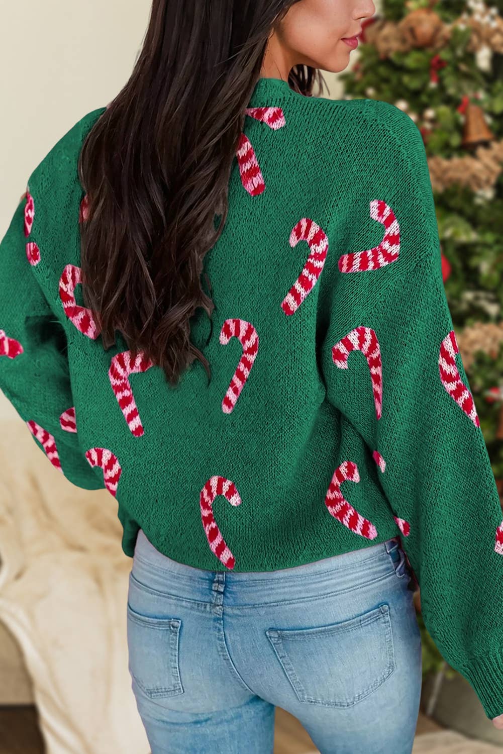 Christmas Candy Cane Drop Shoulder Sweater | S-XL