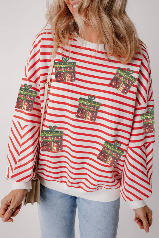 Sequin Christmas Gift Graphic Striped Sweatshirt