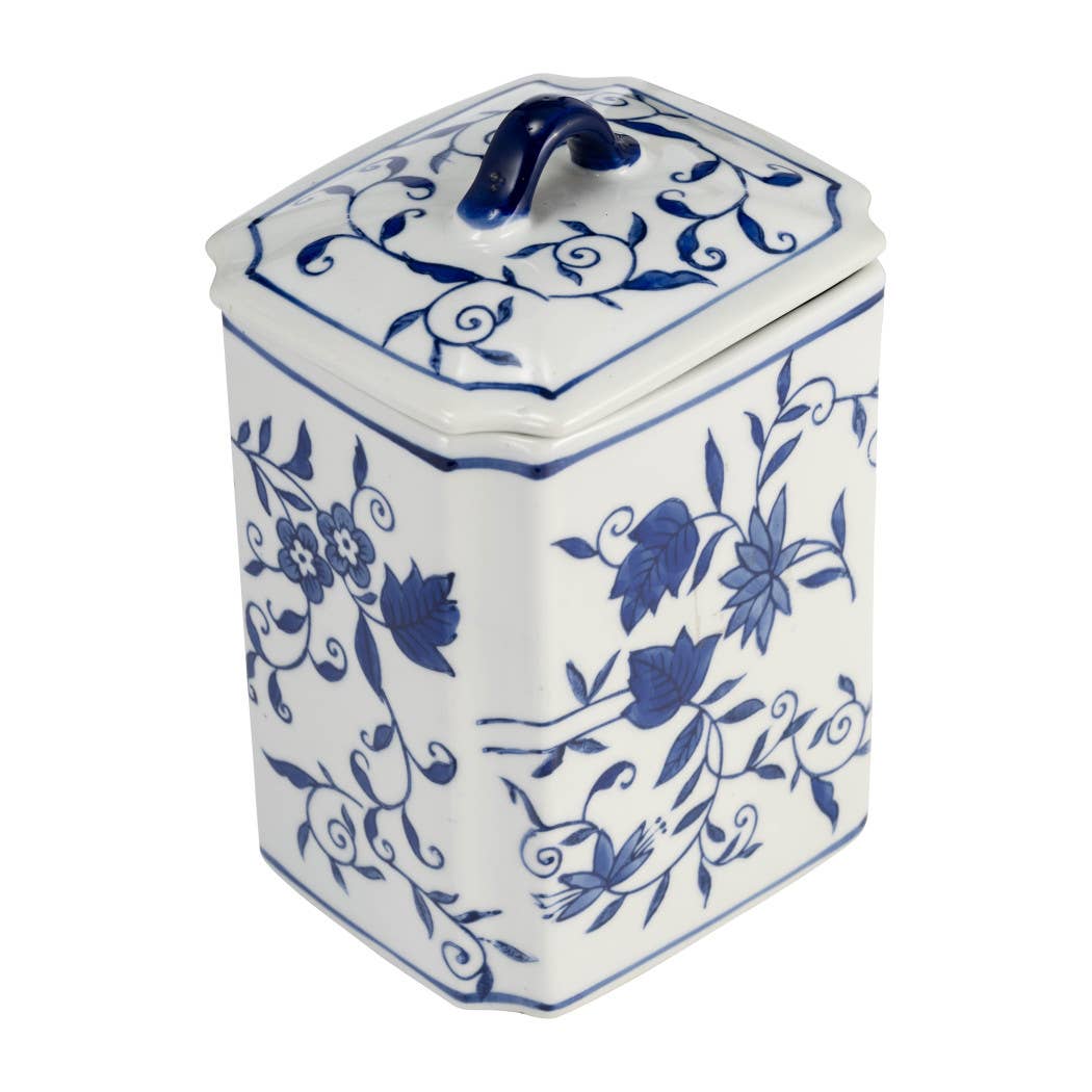 Decorative Jar - Blue Ceramic Chinoiserie Floral Lidded, 9in