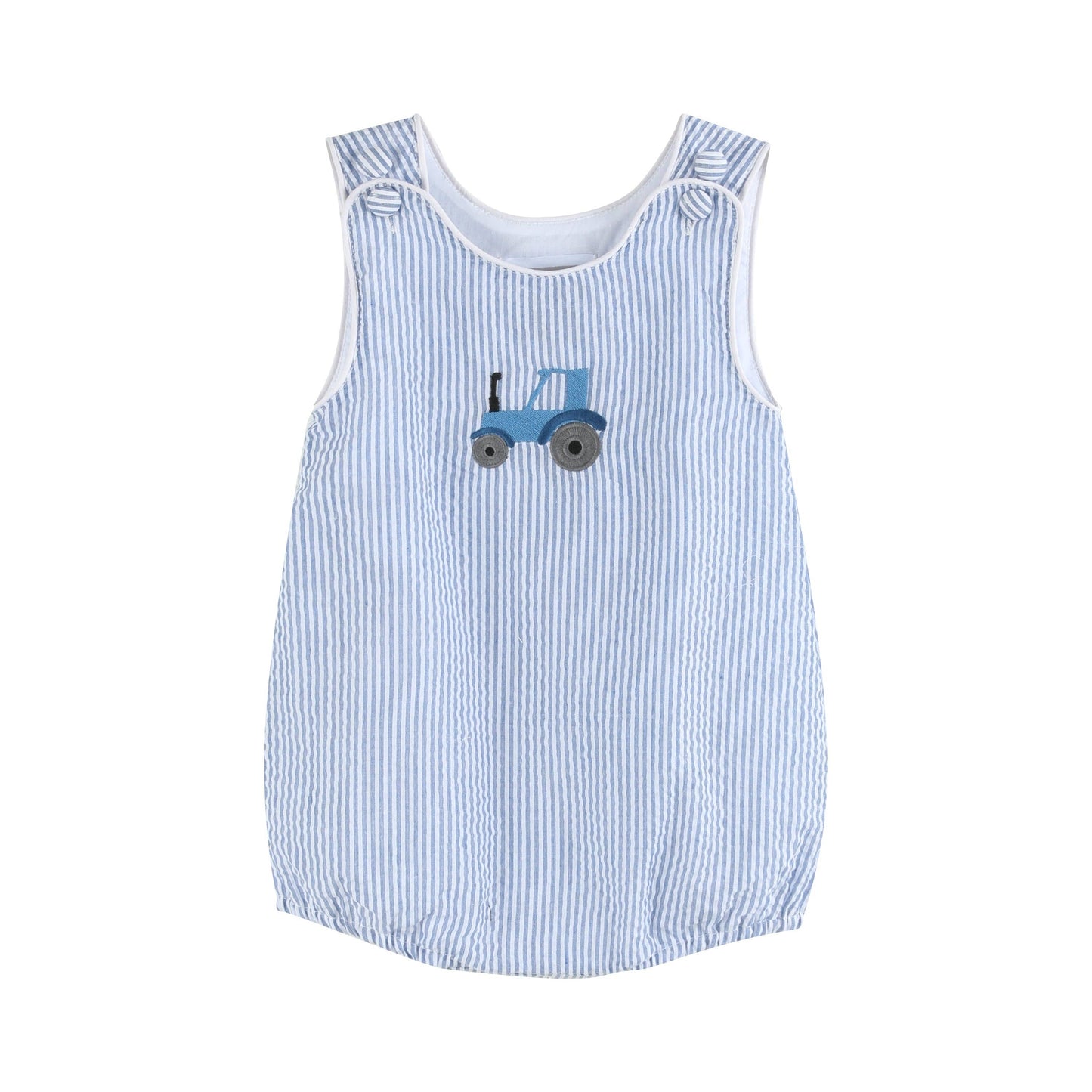 Blue Tractor Seersucker Bubble Romper
