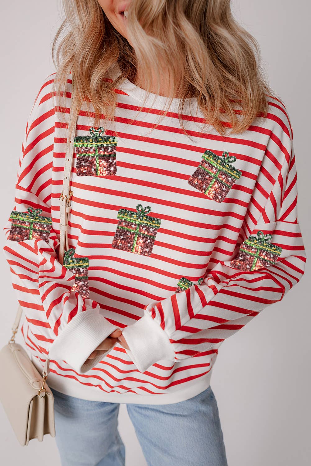Sequin Christmas Gift Graphic Striped Sweatshirt