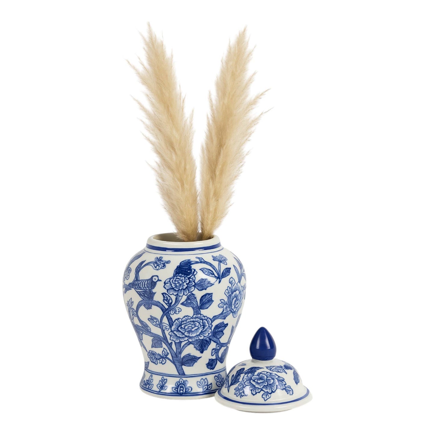 Decorative Jar - Blue Ceramic Chinoiserie Bird/Flower, 11 in