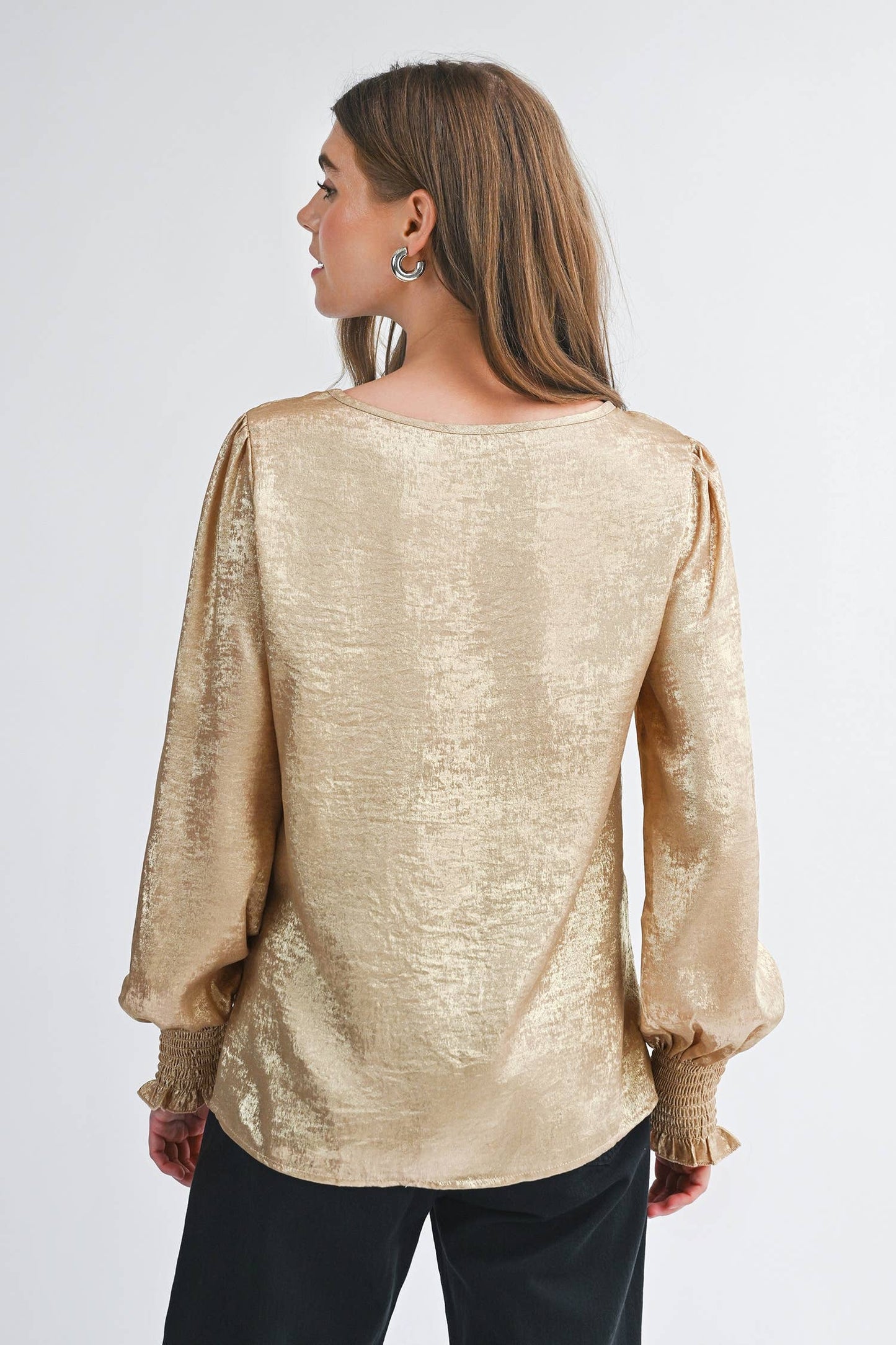 Metallic Round Neck Smocked Long Sleeve Blouse