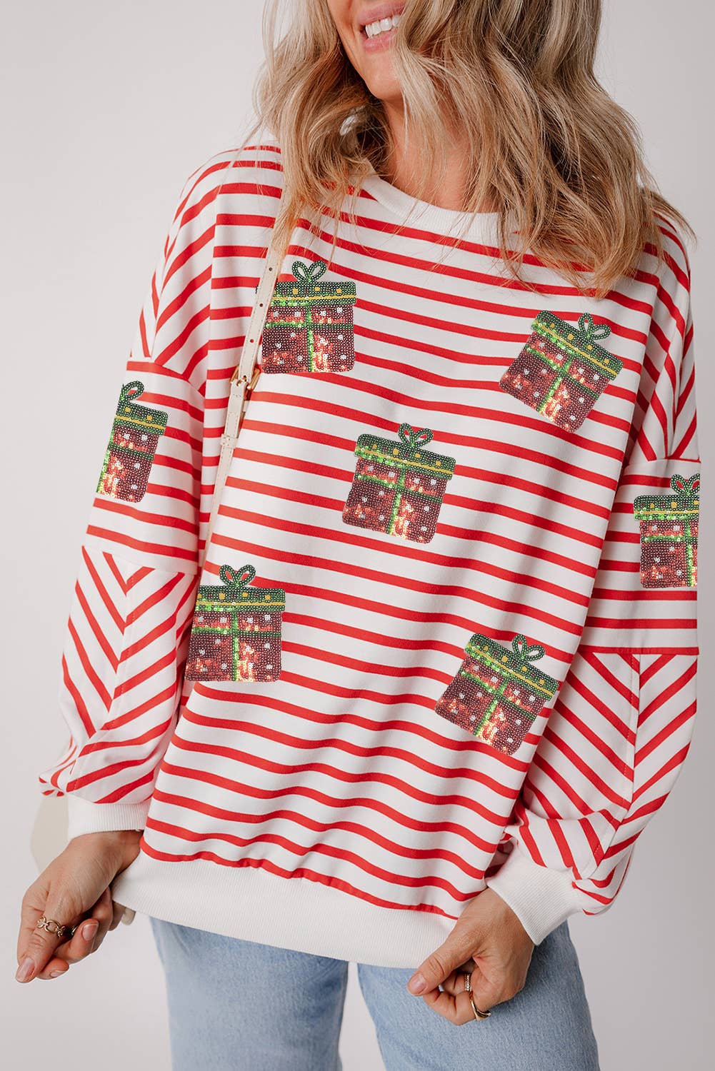 Sequin Christmas Gift Graphic Striped Sweatshirt