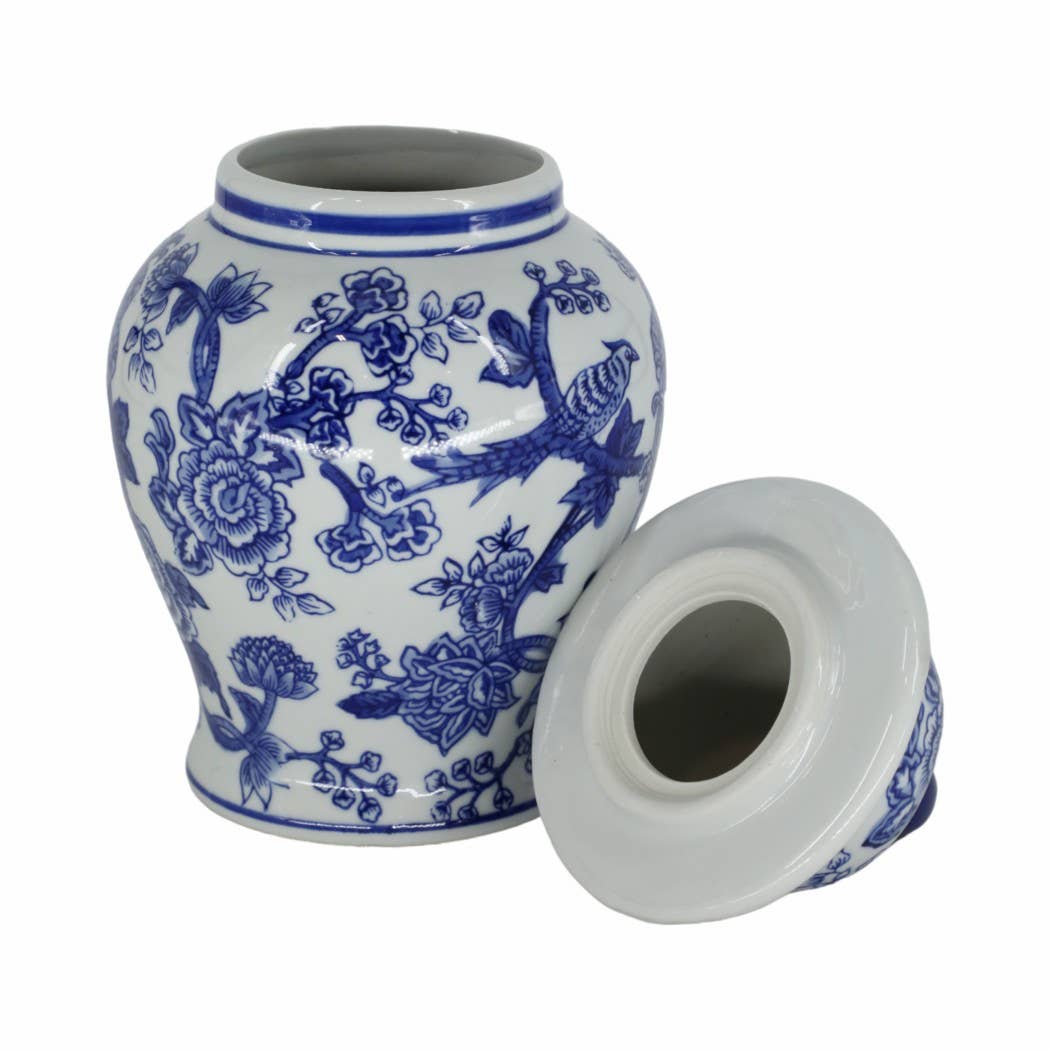 Decorative Jar - Blue Ceramic Chinoiserie Bird/Flower, 11 in