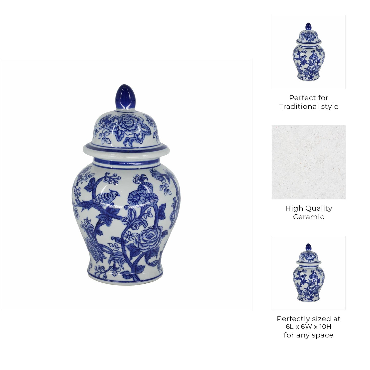 Decorative Jar - Blue Ceramic Chinoiserie Bird/Flower, 11 in
