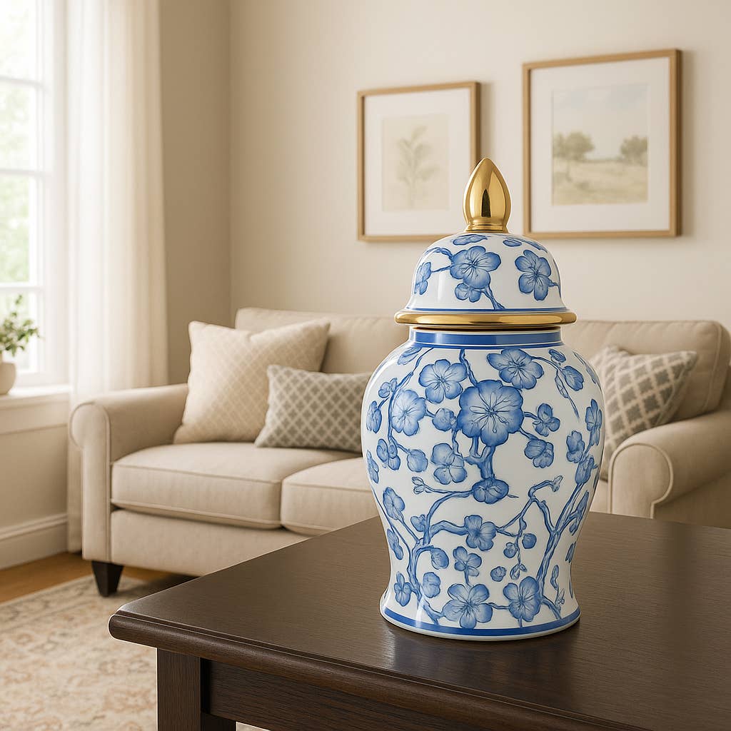 Decorative  Jar - Blue/White Ceramic Hibiscus Lidded, 15 in.