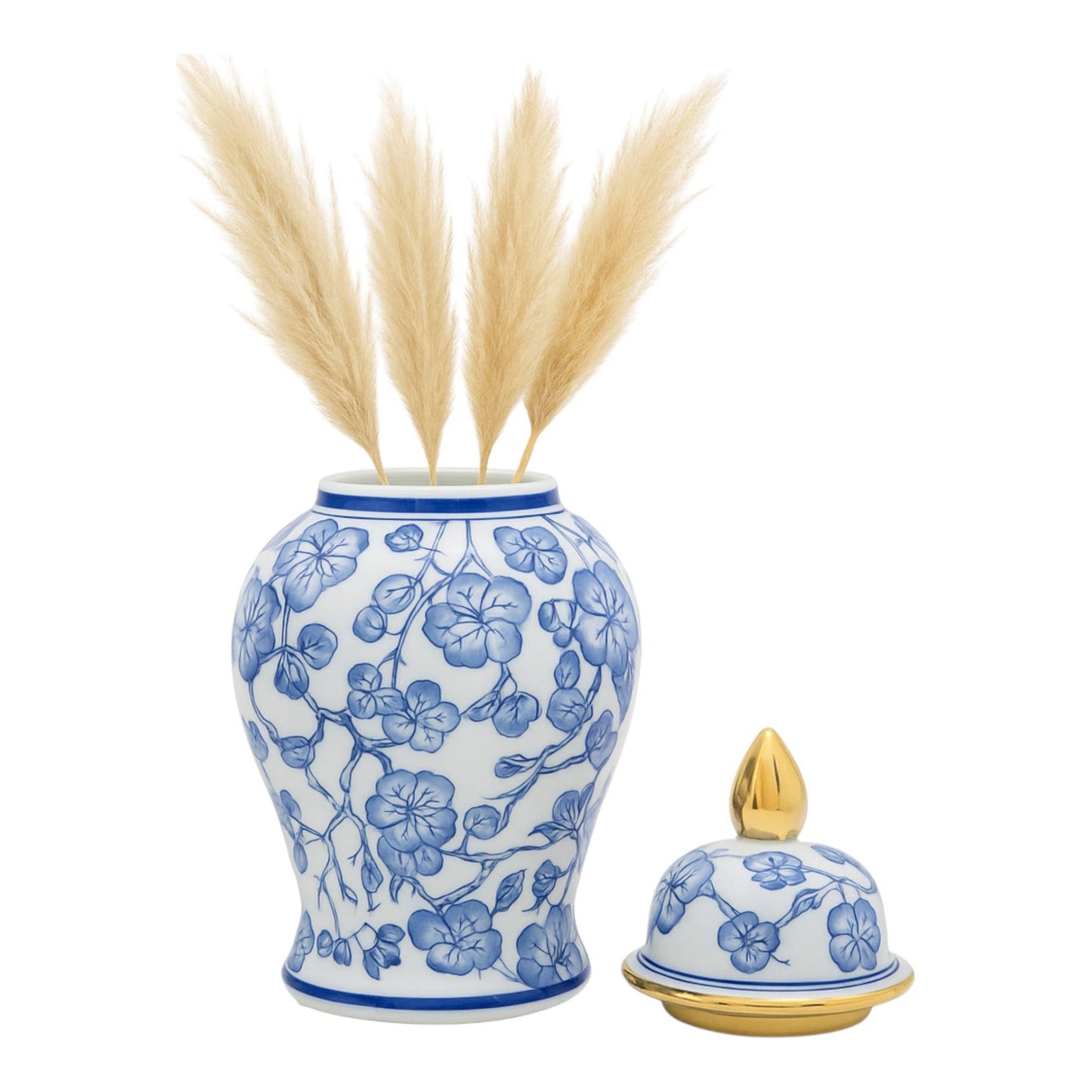 Decorative  Jar - Blue/White Ceramic Hibiscus Lidded, 15 in.