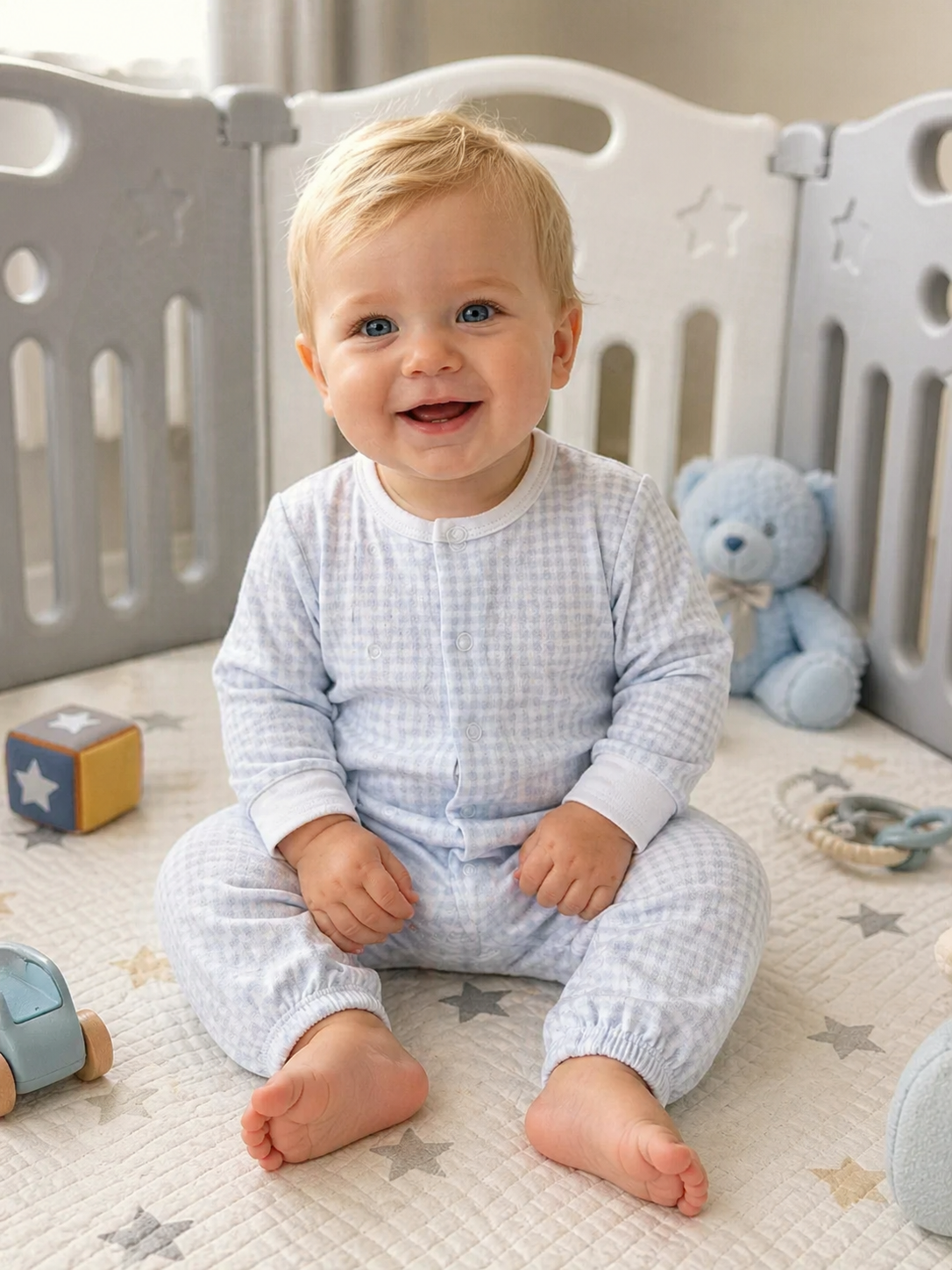 Baby Boy's "Blue Checks" Pima Cotton Converter Gown