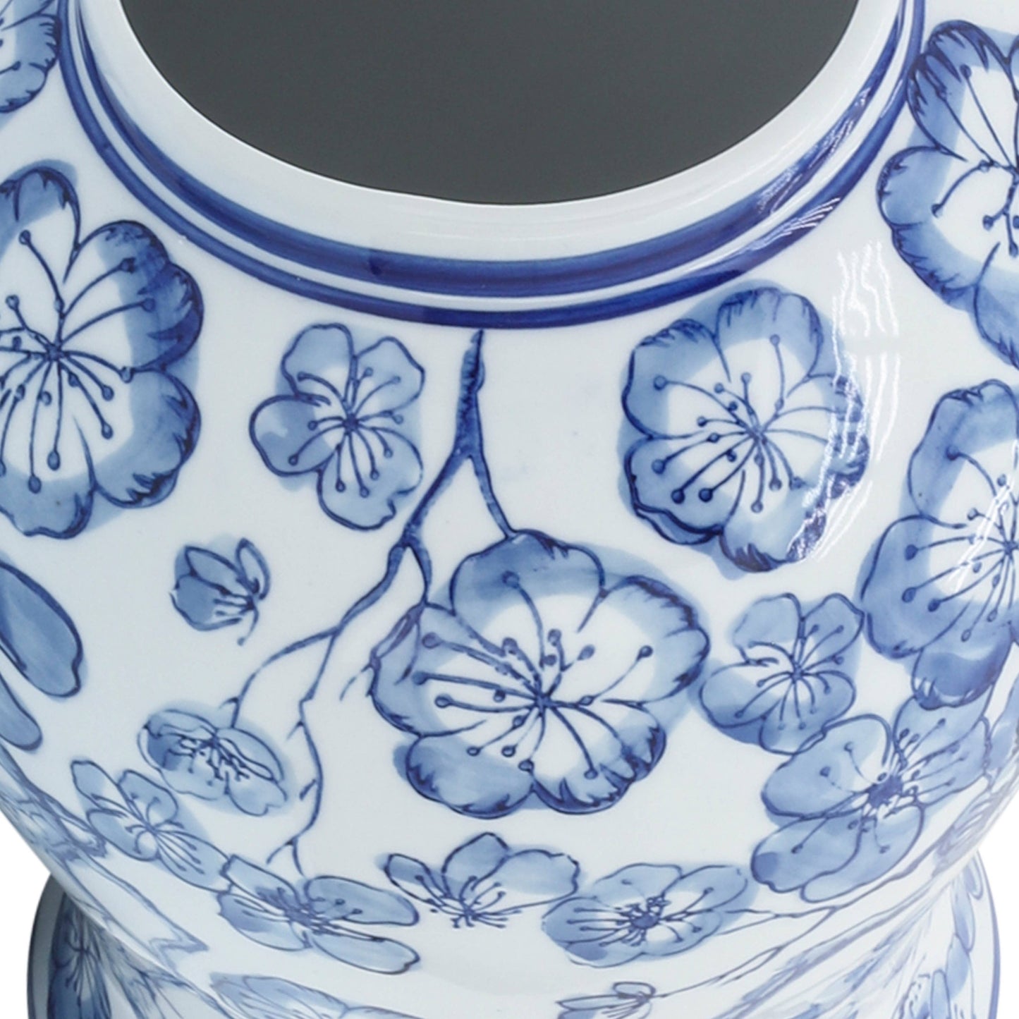 Decorative  Jar - Blue/White Ceramic Hibiscus Lidded, 15 in.