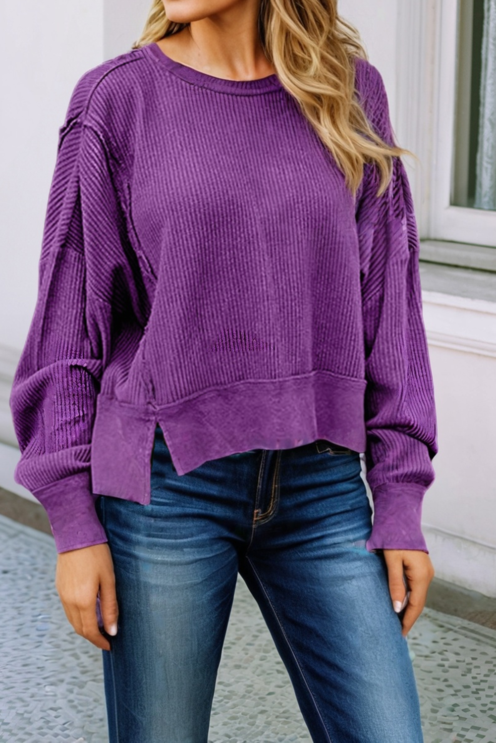 Purple Raw Seam Patchwork Ribbed Sweatshirt