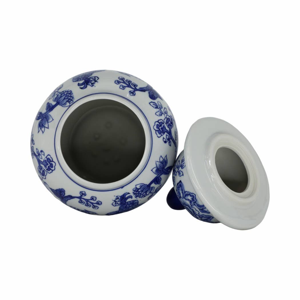 Decorative Jar - Blue Ceramic Chinoiserie Bird/Flower, 11 in